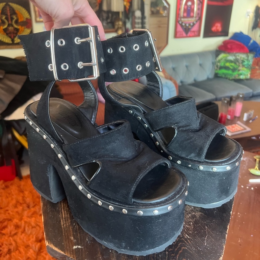 Demonia Camel 102 Black Vegan Suede Sandals Size 8